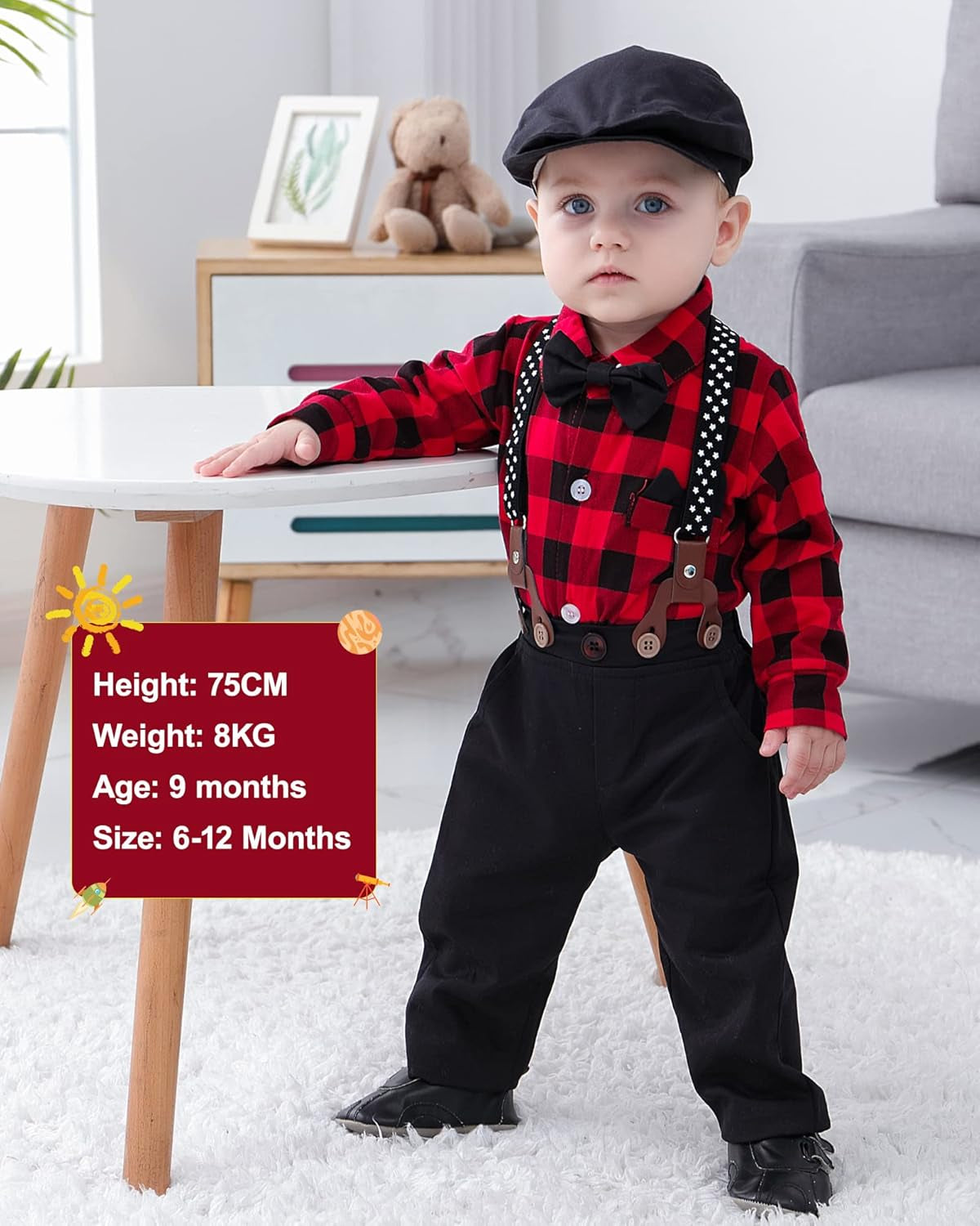 Tuxedo Long Sleeve Gentleman Suit Outfits + Beret Hat + Suspender Pants + Bowtie 3-6mos