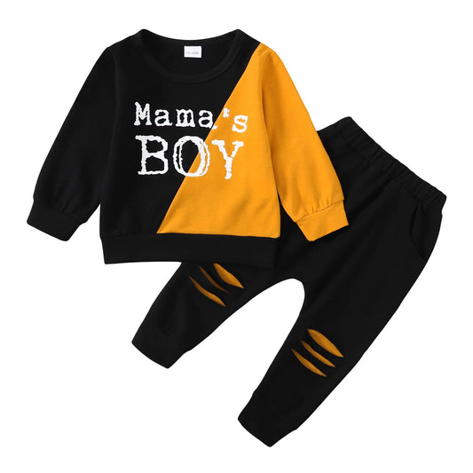 Mama's Boy Ripped Pants Letter Print  2PCS Set Black 2-3T
