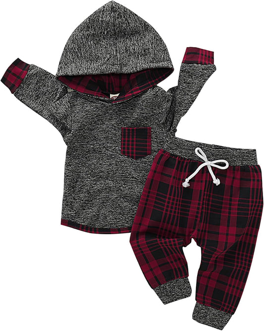 Plaid Babe CoolBreeze Dark Red Baby Boy Hoodie Pants Set 
