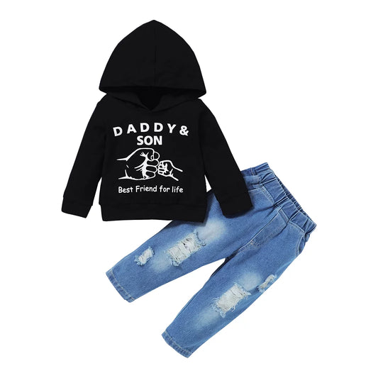 Daddy's Son Hooded Long Sleeve Ripped Jeans Pants Set 