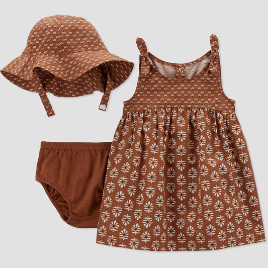 Soft Cocoa Brown Geo Dress with Hat Coordinate - Brown