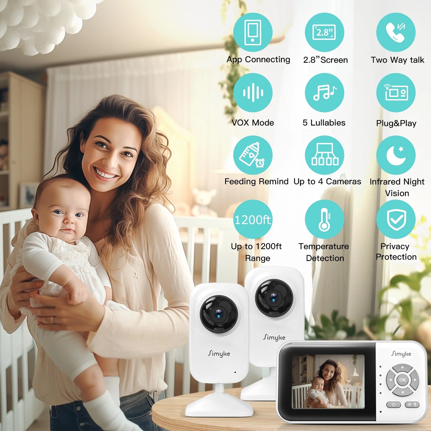 Tech Video Baby Monitor with 2 Cameras and Audio 2.8" LCD Screen