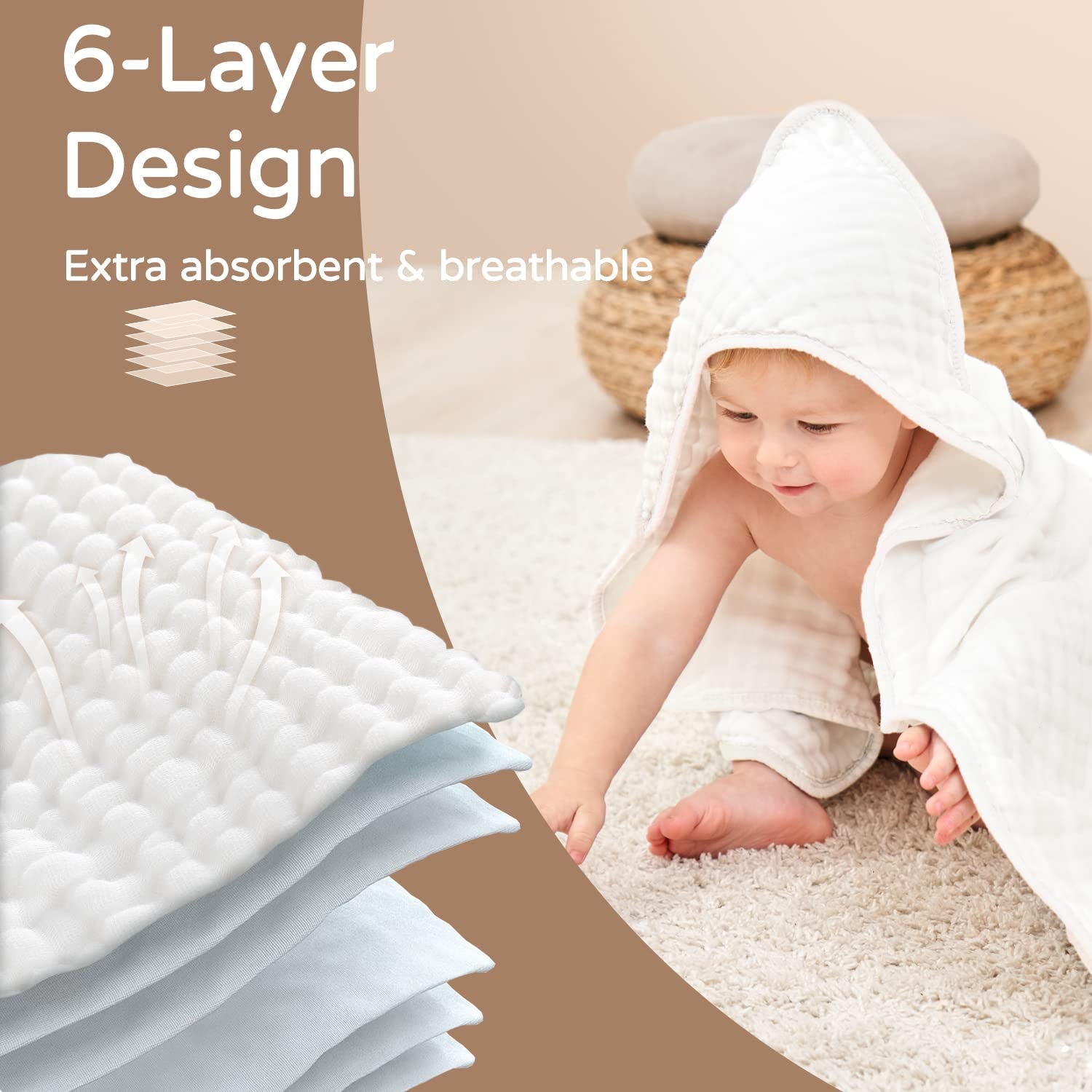 Muslin Cotton Hooded Baby Towel in White