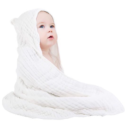 Muslin Cotton Hooded Baby Towel in White