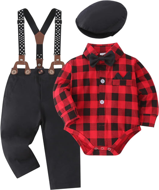 Tuxedo Long Sleeve Gentleman Suit Outfits + Beret Hat + Suspender Pants + Bowtie 3-6mos